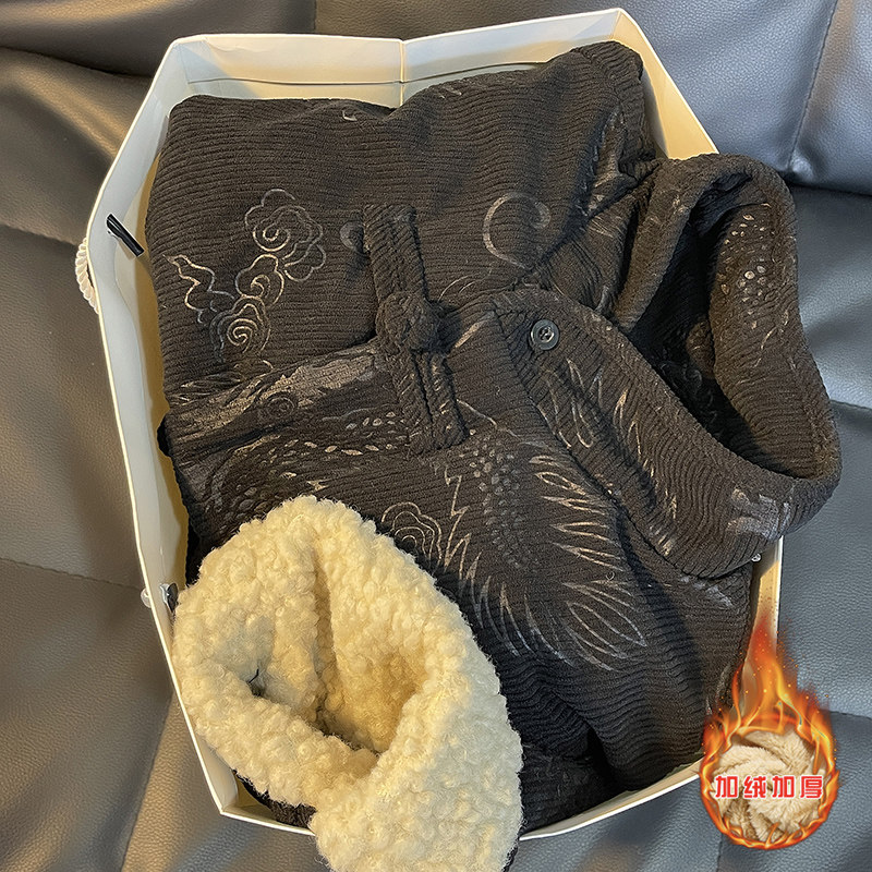 新中式N斜领盘扣龙纹暗花灯芯绒羊羔毛夹克棉衣服JK19-P135控158,男装夹克,电商A005A