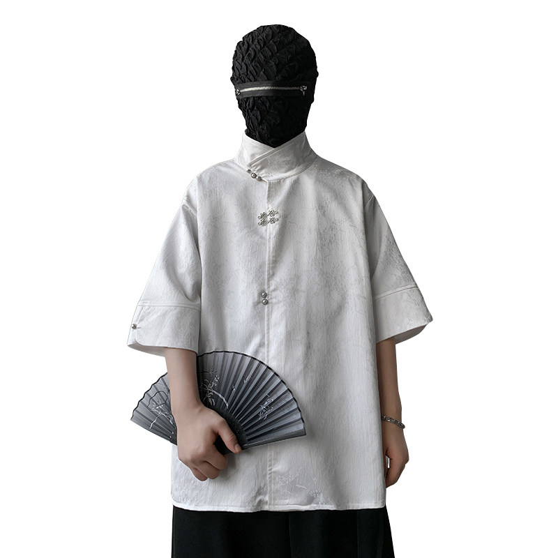新中式风J缎面提花暗纹立领小众冰丝金属扣衬衫男CS32-P78控98,男装衬衫,电商A005A