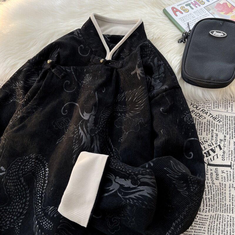 新中式H斜襟盘扣龙纹灯芯绒中山装立领夹克外套男JK20-P105控138,男装夹克,电商A005A