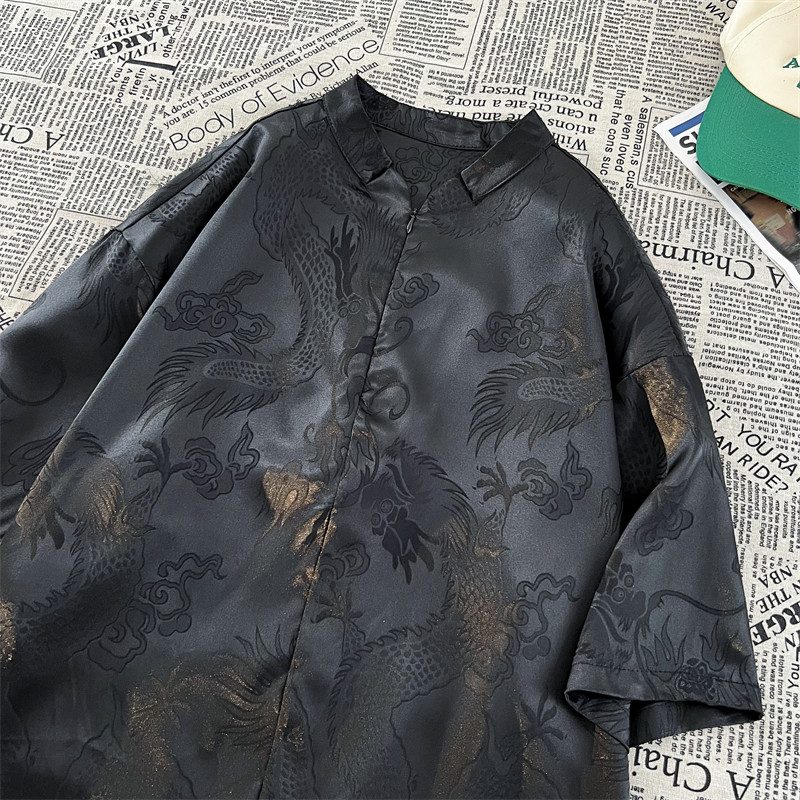 新中式D风小高领拉链领提花小众设计龙纹冰丝t恤T62-P70控98图片