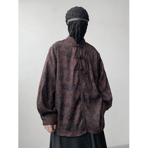 新中式H盘扣长袖衬衫男汉服唐装中山装树叶印花外套CS26-P68控88