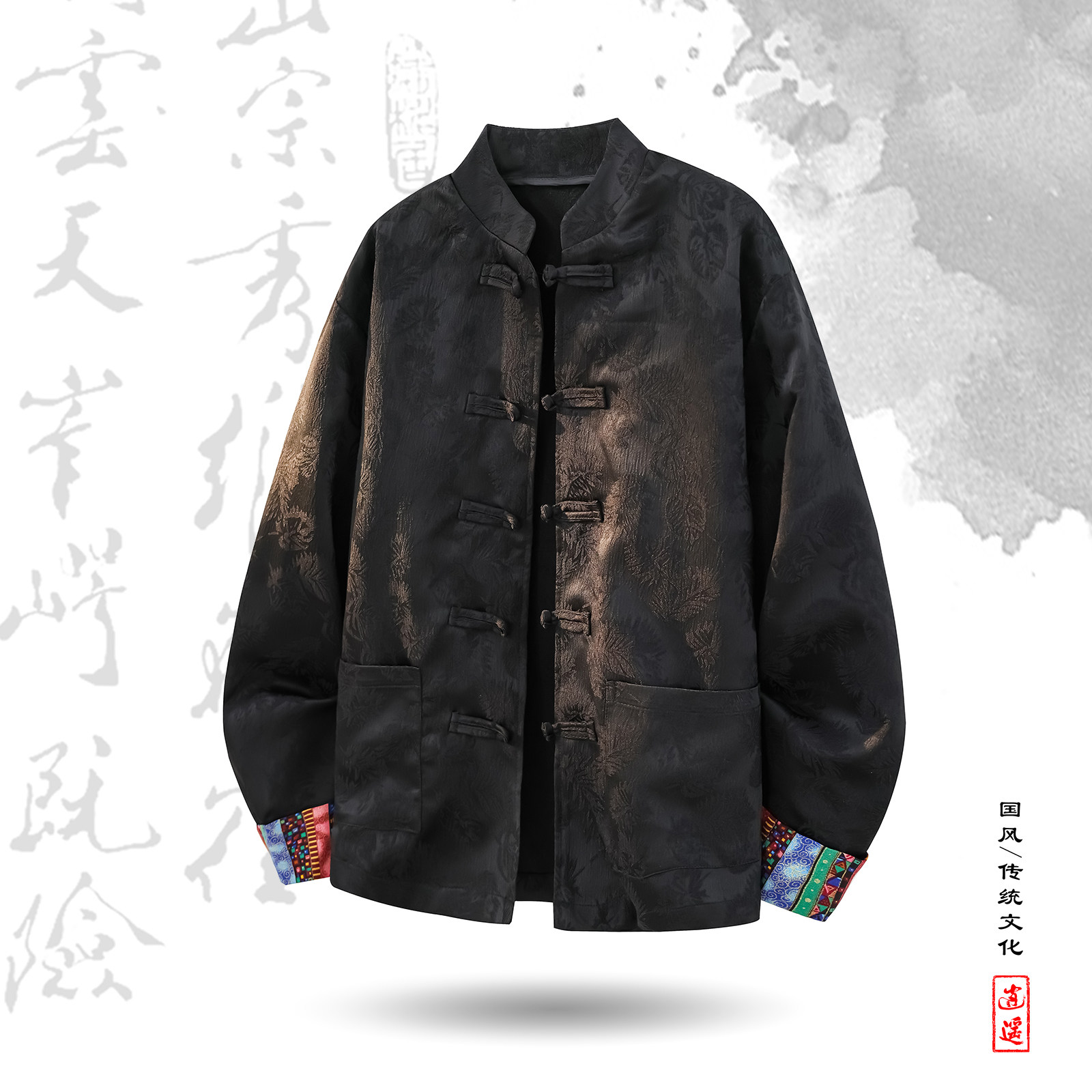 风红色衬衫春秋季高级感提花设计感盘扣唐装外套CS82-P68控88，男装衬衫，电商A005A