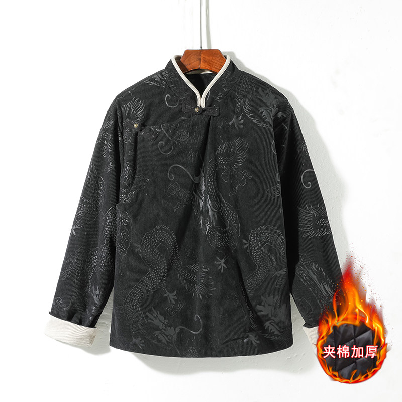 新中式B斜襟龙纹灯芯绒中山装夹棉加厚外套棉衣JK1020-P135控158,男装棉衣,电商A005A
