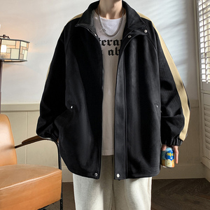 美式高街D复古麂皮绒两条杠痞帅撞色棒球服夹克运动外套86011-P98图片