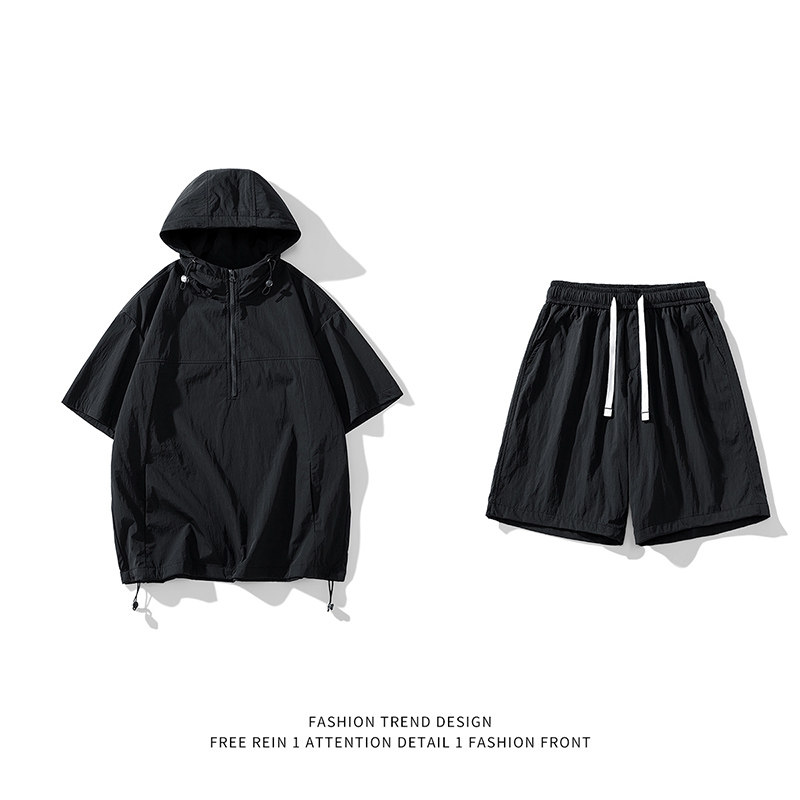 美式B连帽短袖套头冲锋衣短裤五分裤冰丝运动篮球套装87003-P80,男装休闲套装,电商A005A