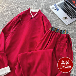 风E斜襟盘扣亚麻棉麻衬衫夹克大裤裆裤套装男TZ151-P173控198图片
