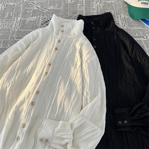 新中式D高领打底衫复古肌理感褶皱翻领衬衫立领长袖CS21-P68控88，男装衬衫，电商A005A