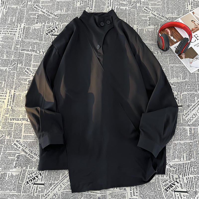 风A纽扣复古半高领衬衫极简拼接围布新中式上衣T16-P65控88，男装T恤，电商A005A