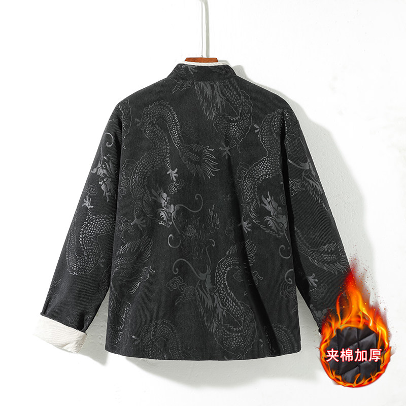 新中式B斜襟龙纹灯芯绒中山装夹棉加厚外套棉衣JK1020-P135控158,男装棉衣,电商A005A
