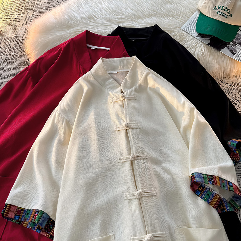 新中式F风民族风拼色盘扣亚麻棉麻衬衫外套男CS78-P75控88，男装衬衫，电商A005A
