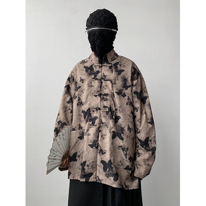 新中式E盘扣长袖衬衫男改良汉服唐装蝴蝶印花外套CS28-P68控88
