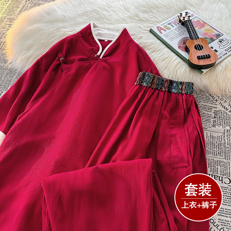 斜襟盘扣B亚麻中袖衬衫民族风演出阔腿裤套装男TZ168-P163控198，男装衬衫，电商A005A