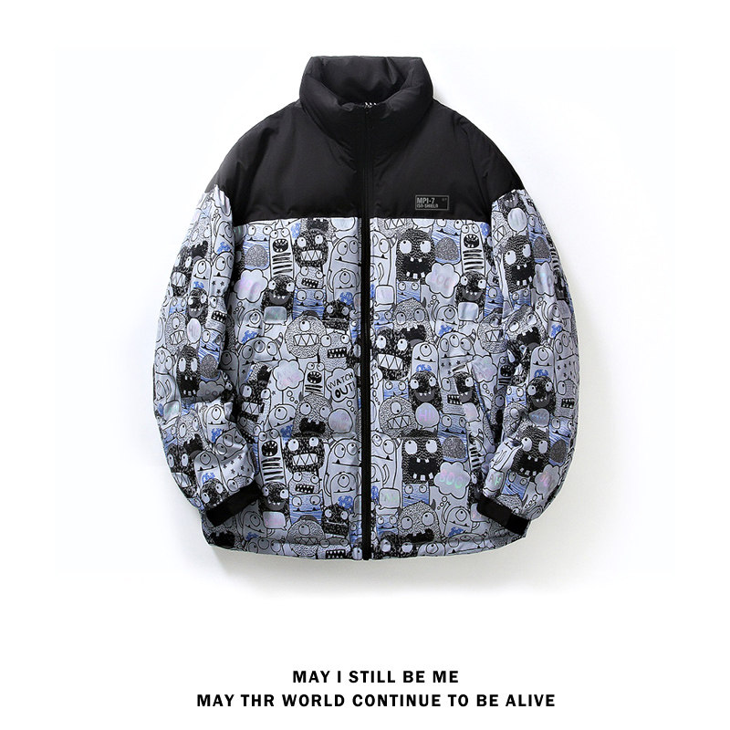 得物白底A趣味卡通印花拼接羽绒棉服棉衣A005A-M8065P108控138,男装棉衣,电商A005A