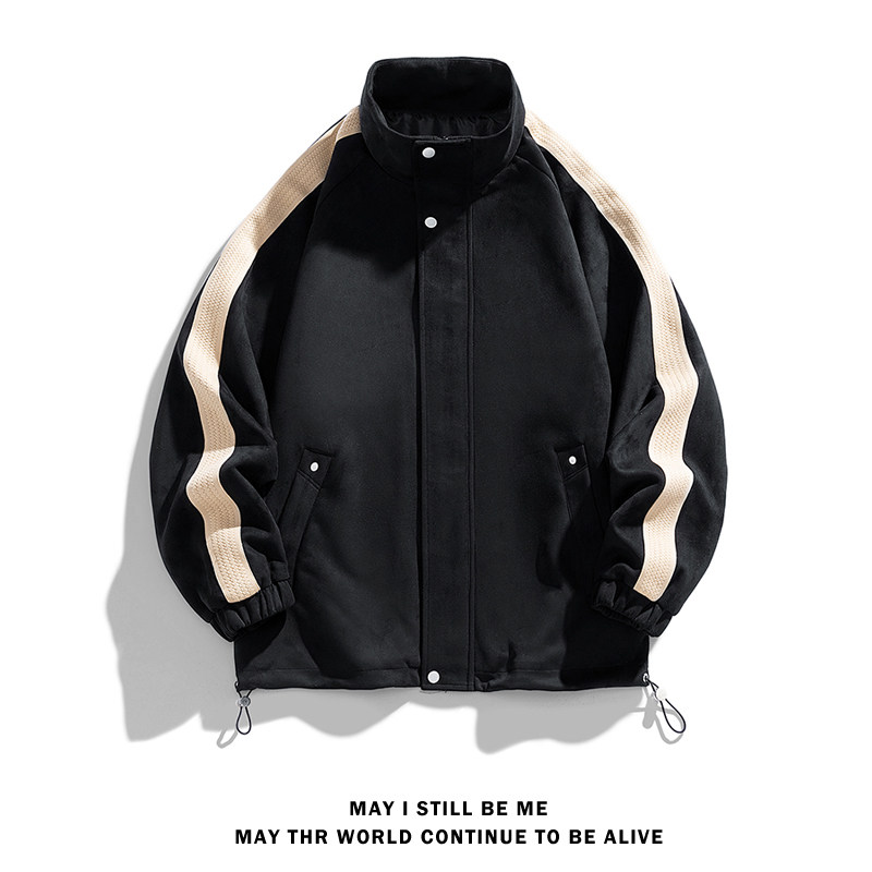美式高街A复古麂皮绒两条杠痞帅撞色棒球服夹克运动外套86011-P98图片