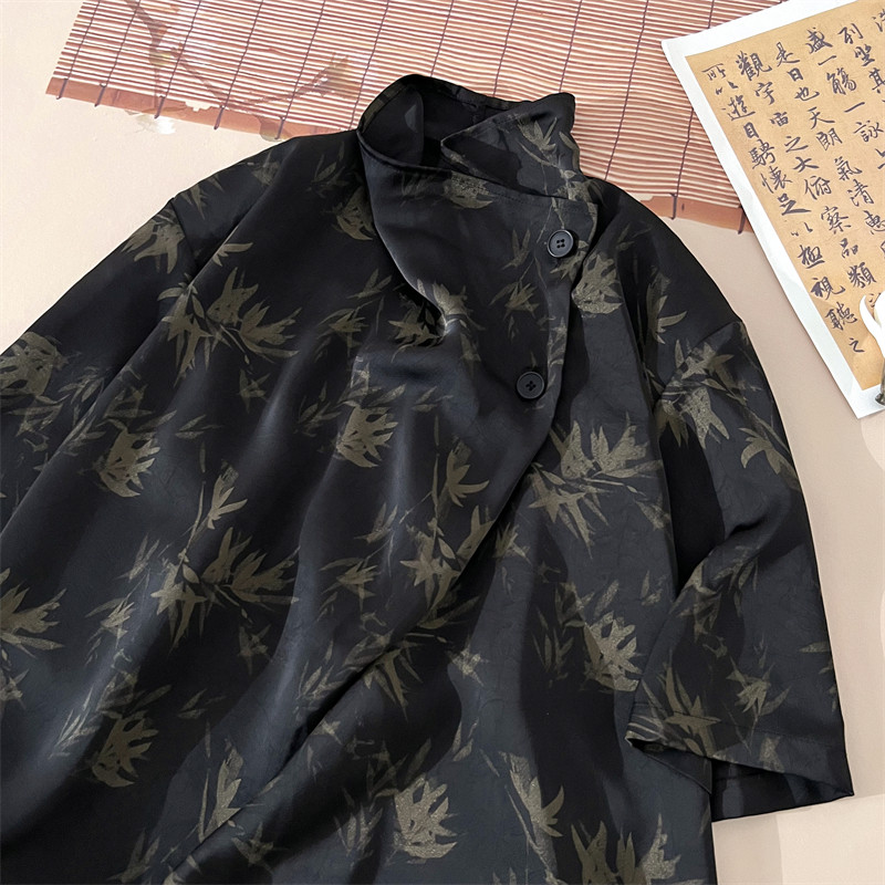 潮酷暗黑D小高领堆堆领印花树叶小众设计冰丝t恤T63-P80控108,男装T恤,电商A005A