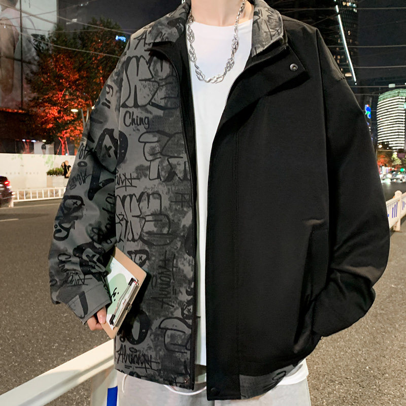 港风C春装新款小众设计感拼接涂鸦夹克美式痞帅外套J8105-P88图片