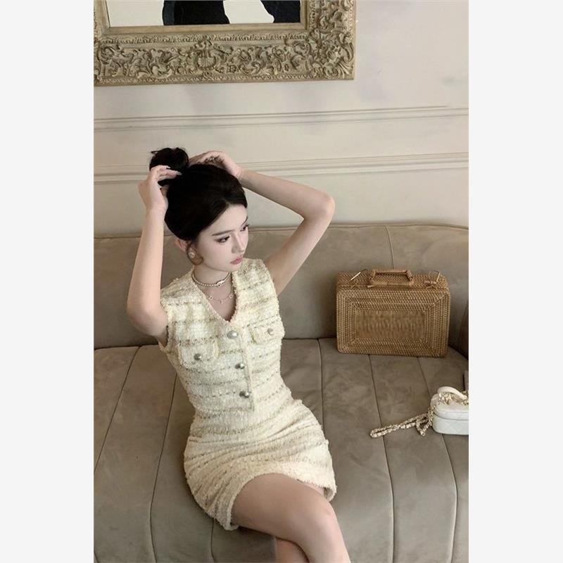 香风新款套装时尚复古无袖马甲背心上衣夏季裙子半身裙气质两件套
