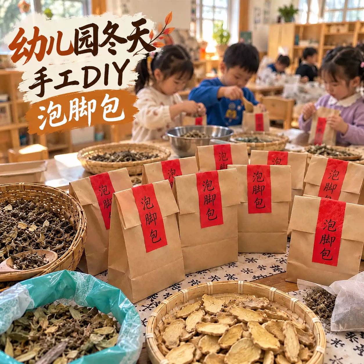 幼儿园冬天手工diy泡脚包材料暖冬元旦儿童自制中草药艾草足浴包