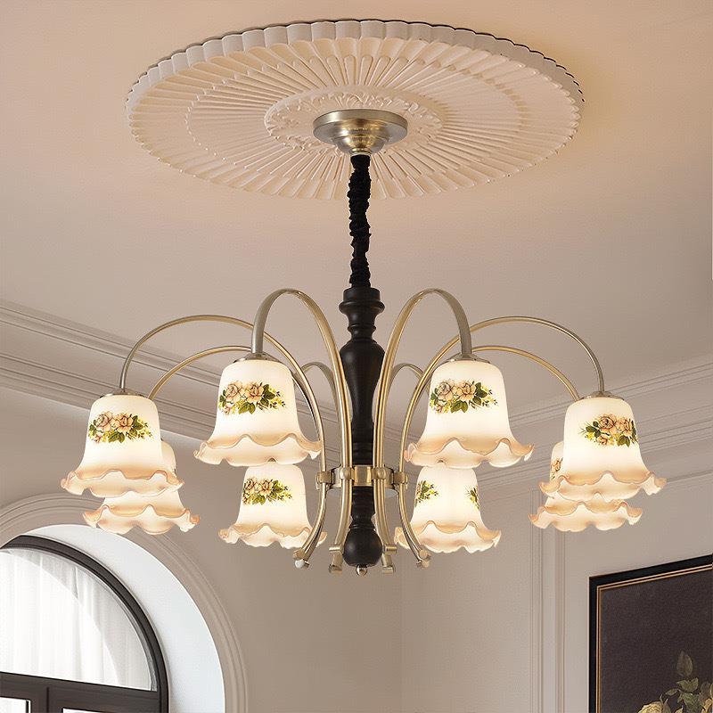 中古客厅大厅灯创意实木餐厅灯日式复古美式民宿卧室花朵玻璃吊灯