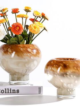 中古琉璃渐变圆形蘑菇高脚花瓶摆件客厅桌面鲜花花器样板间装饰