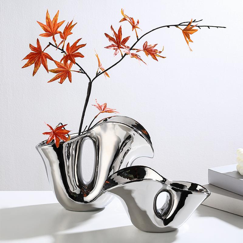 现代轻奢银色异形陶瓷花瓶花器样板间民宿售楼部桌面客厅软装摆件