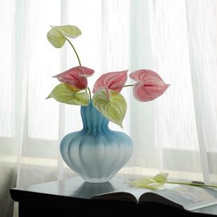 轻奢风蓝色渐变中古玻璃花瓶摆件高级感客厅插花装饰餐桌水培花器