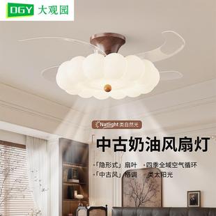 卧室风扇灯新款 中古胡桃木纹奶油风儿童房间护眼隐形吸顶灯具412L