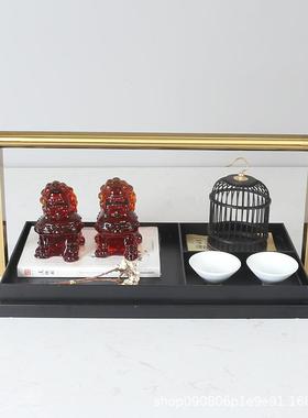 新中式金属托盘软装狮子茶具组合装饰品样板房售楼部家居茶具摆件