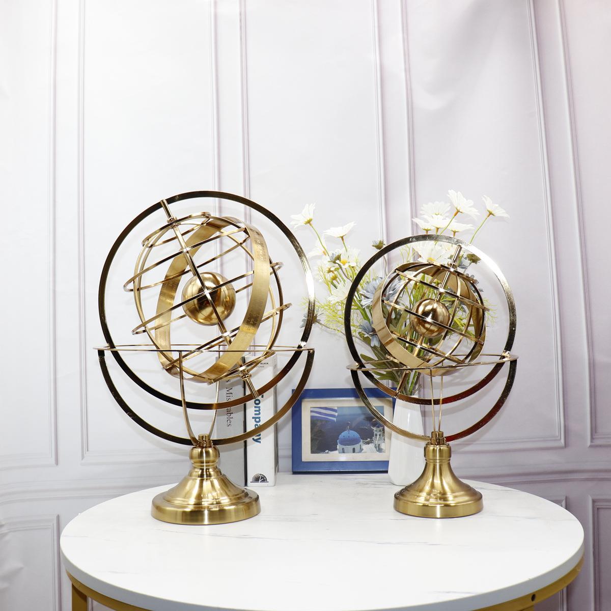 现代简约旋转地球仪摆件欧式办公室样板房电视柜装饰品金属工艺品