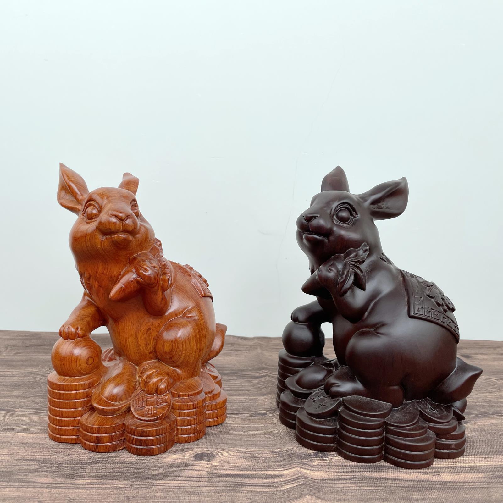 花梨12生肖兔兔实木雕刻十二生肖动物兔子木质家居工艺装饰摆件