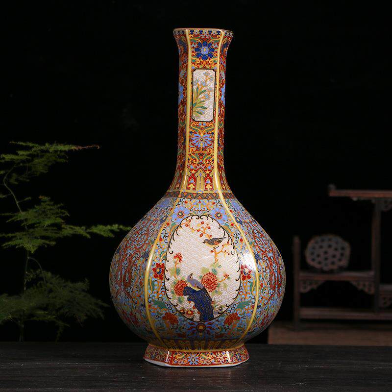 仿古中式珐琅彩开窗花鸟胆瓶瓷器 景德镇家居客厅装饰摆件工艺品