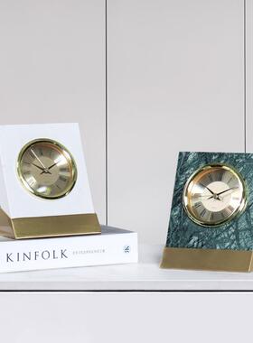 轻奢高档天然大理石金属时钟摆件创意家居酒店客厅卧室钟表饰品