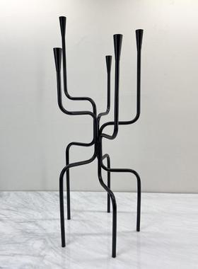 简约现代磨砂黑色亮银枪色金属烛台 创意几何装饰品别墅餐桌摆件