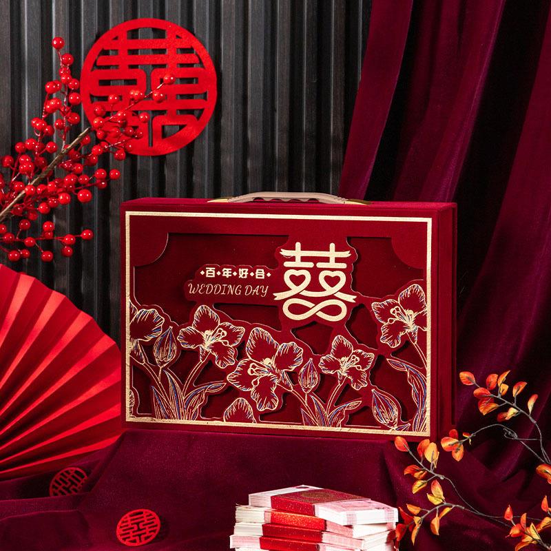 提亲聘礼钱盒子绒布订婚高级婚庆用品大全结婚彩礼箱子新款礼金箱