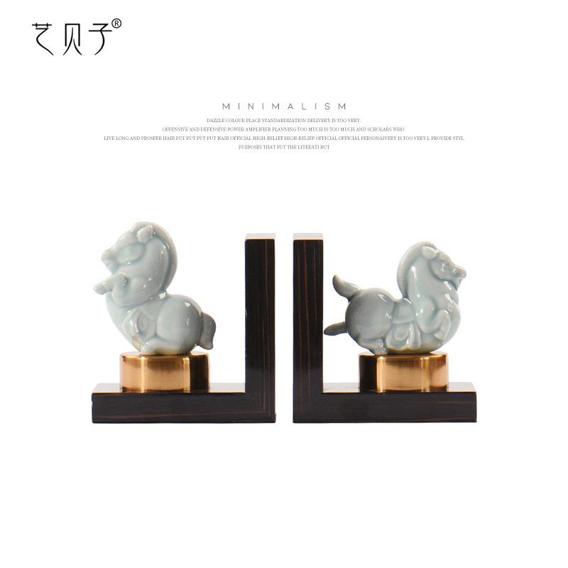 新中式玉瓷摆件书靠欧式美式新中式书房样板间艺术工艺马饰品书档