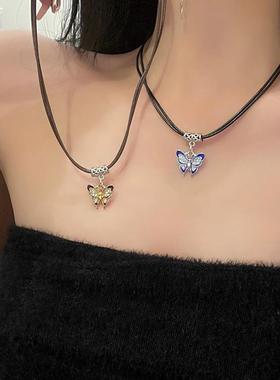 复古皮绳蝴蝶项链女夏季感双层锁骨链甜酷辣妹颈链潮D1