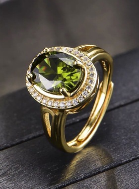 时尚简约椭圆形橄榄绿锆石戒指女 日韩精致镀18K黄金色开口指环