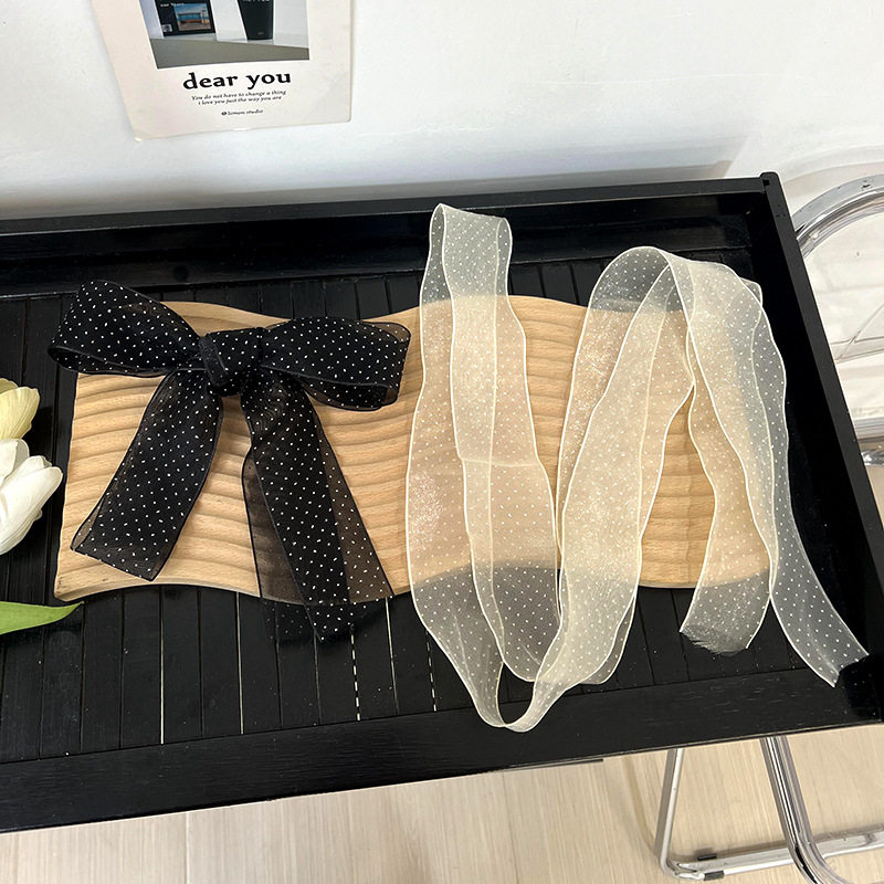 韩版新款蕾丝波点长条丝巾女百搭感法式绑发蝴蝶结领巾小飘带