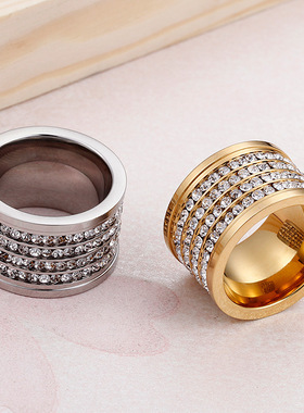 钛钢镶钻满天星四排子男女大气欧美新款时尚夸张戒指饰品