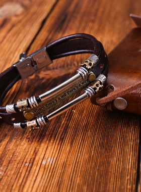 欧美饰品手镯复古首饰潮男有志者多层牛皮不锈钢扣手链厂家直供