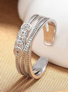 S925纯银五帝钱国潮风小众设计复古戒指钱币开口食指环招财转运女