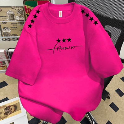 玫红色美式ins潮牌星星印花纯棉T恤短袖男女潮流宽松夏季半袖上衣