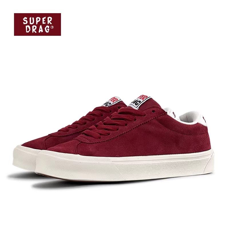 超拽SUPERDRAG 酒红翻毛皮街头复古帆布鞋男女低帮耐磨运动滑板鞋