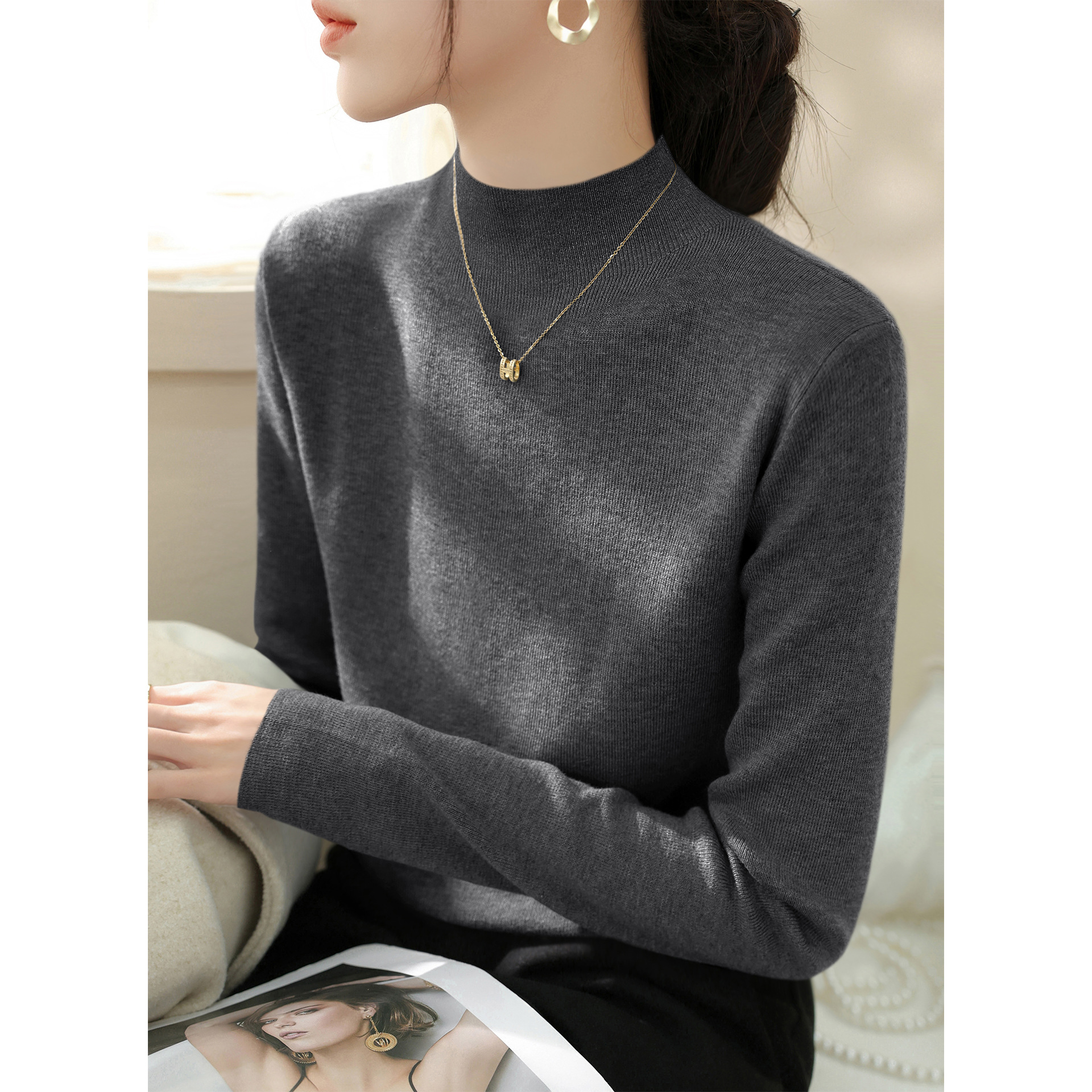 冬季新款半高领毛衣加厚款内搭打底衫灰色修身显瘦长袖针织上衣女