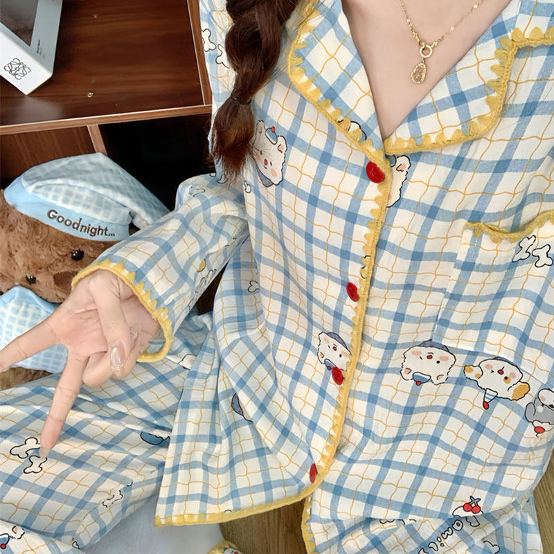 睡衣女生卡通格子印花可爱睡衣套睡衣/家居服套装