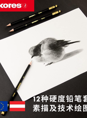 欧洲KORES高乐士等级石墨素描铅笔美术生专用铅笔绘画8b7b6b5b4b3b2bbhbfh2h全套碳笔软中硬画画技术制图套装