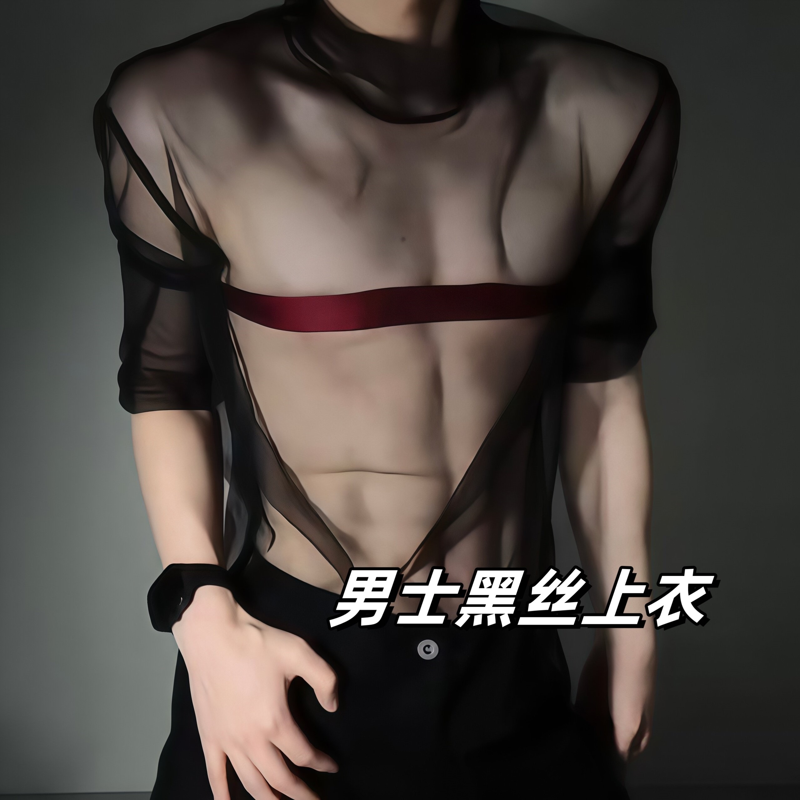 男士黑丝上衣性感透视网纱T恤禁欲系半高领镂空内搭性张力打底衫
