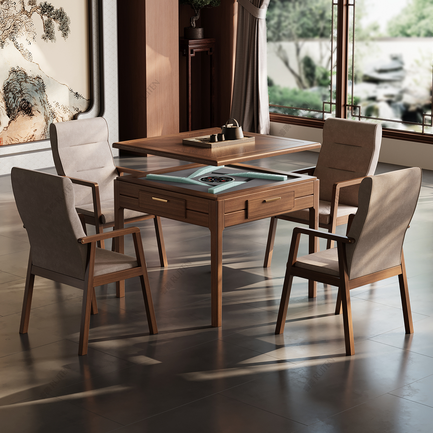 睿腾正品麻将机实木全自动麻将家用餐桌麻将桌一体两用新中式方桌