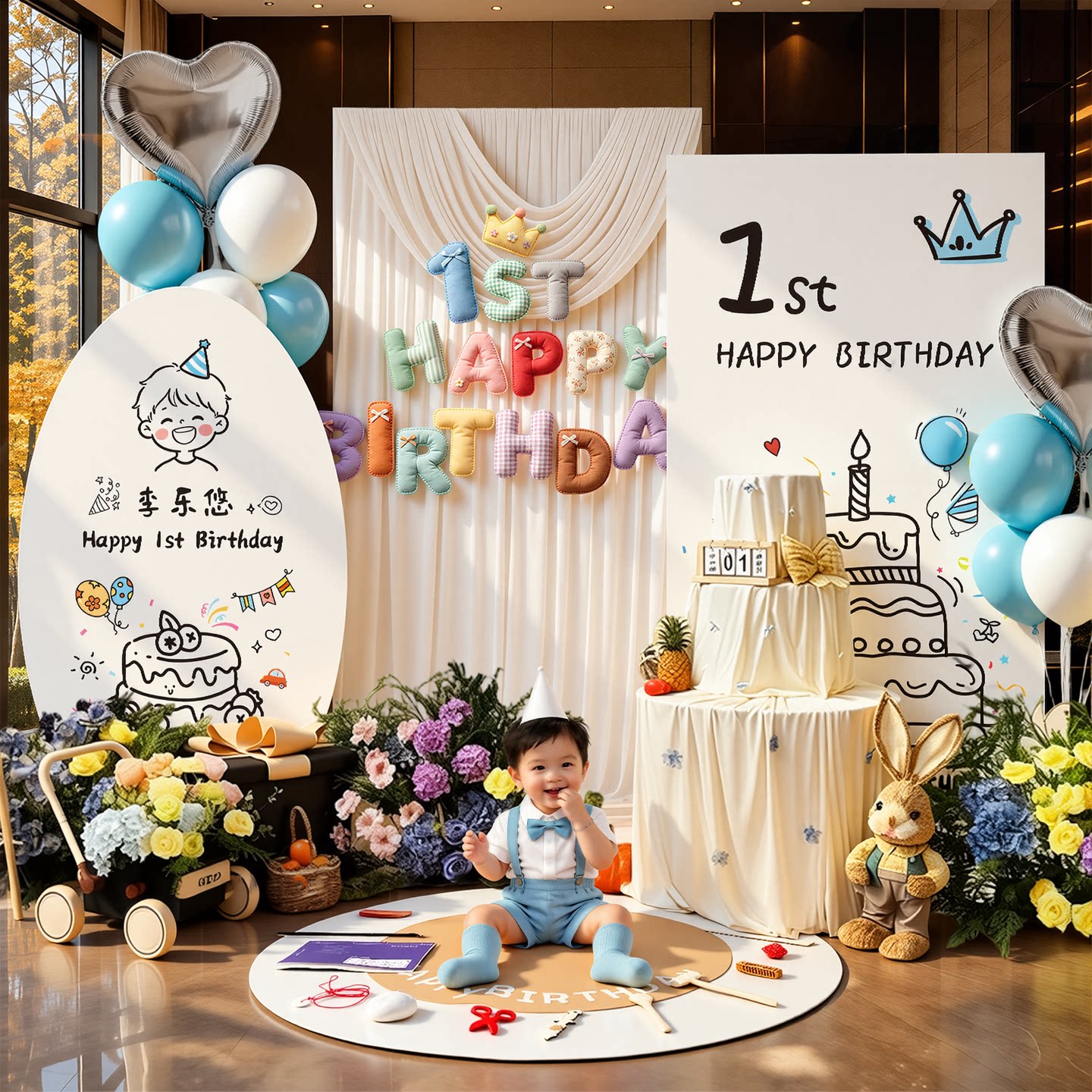 宝宝一周岁生日场景布置布幔氛围感装饰男女孩韩系抓周背景墙KT板图片