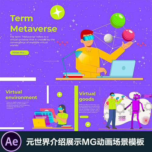 元世界介绍展示MG动画场景AE模板Metaverse Explainer